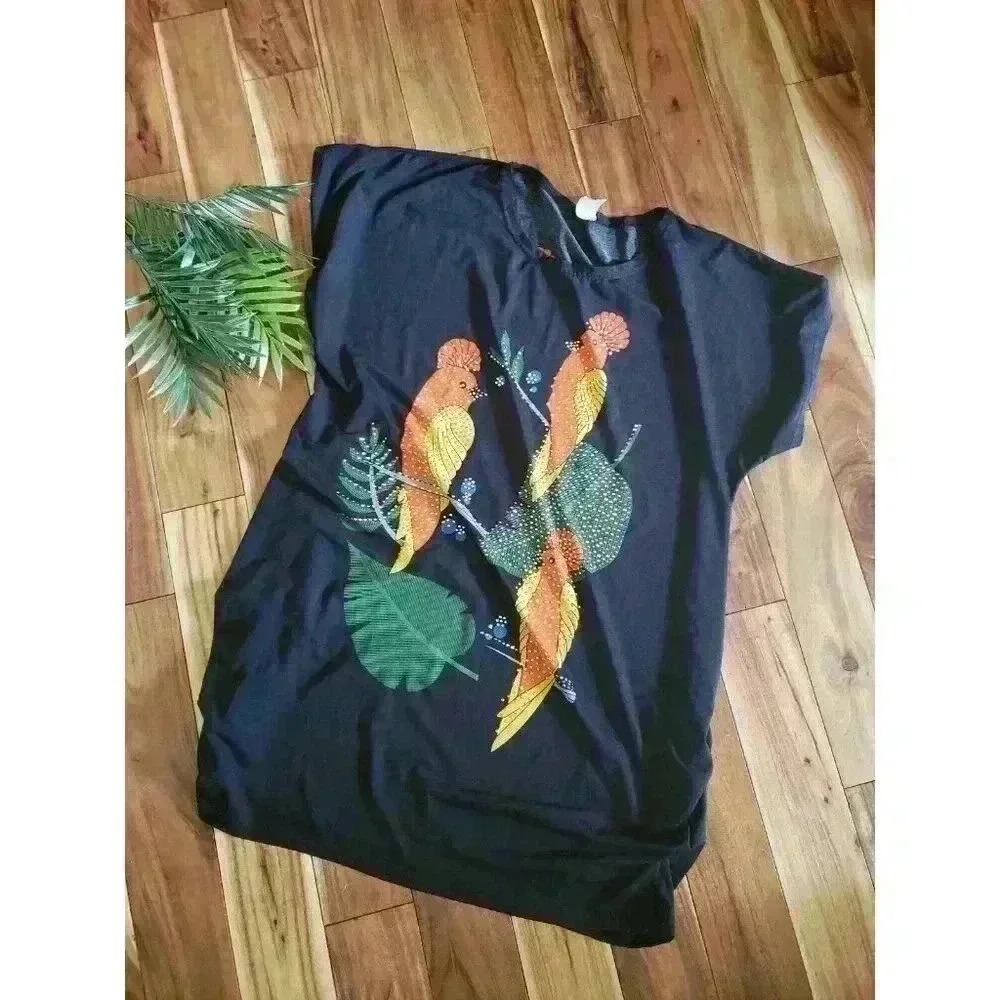Birds Of Paradise swim Cover Up Parrot Bedazzled Dress Black OS Vintage Tropical